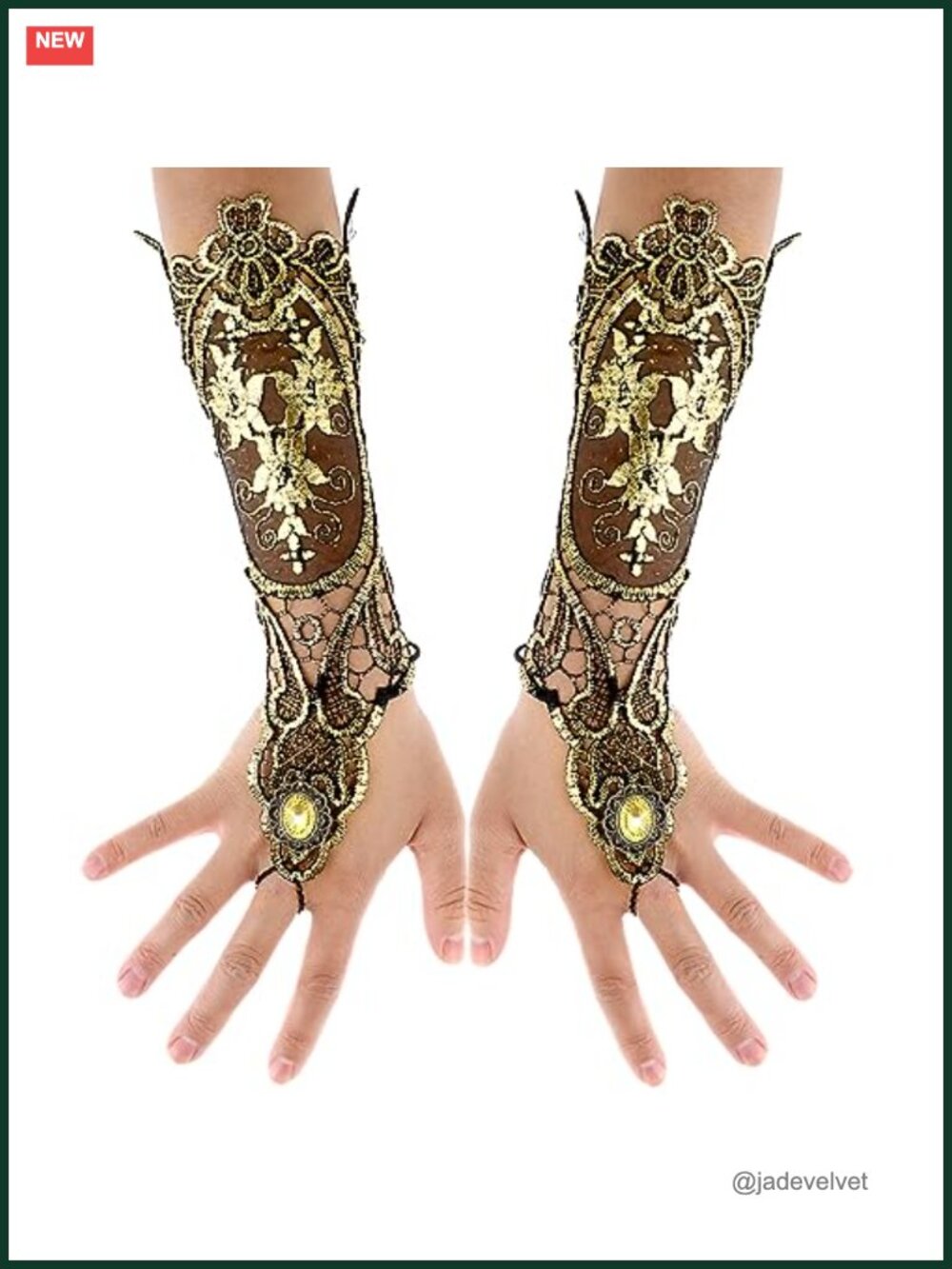 Bronzing Lace Mesh Long Fingerless Gloves with Ring Steampunk Gothic